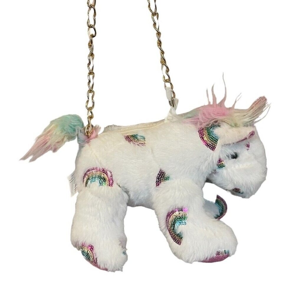 Olly & Me Unicorn Plush Kids Purse & Chain White & Gold Rainbows Sequins